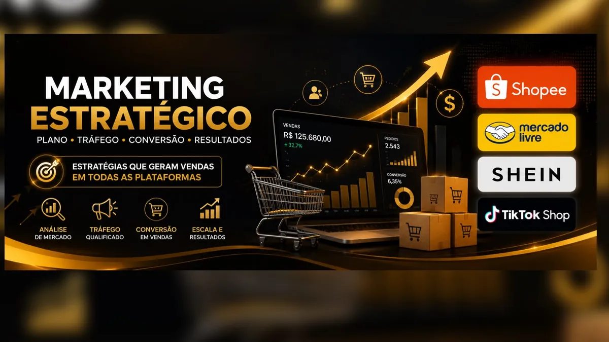 Marketing estratégico para marketplaces. Arte conceitual com indicadores ilustrativos, sem representar resultados reais.