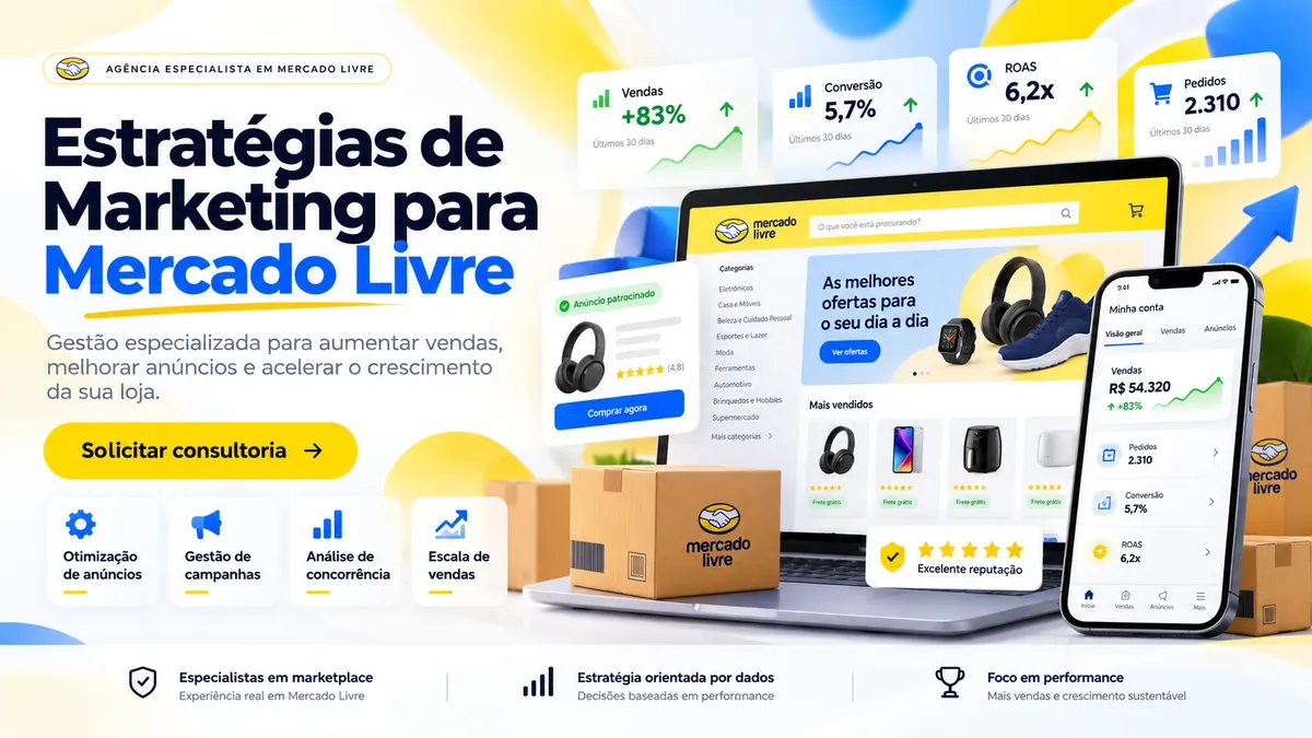 Estratégia de marketing para Mercado Livre. Arte conceitual com indicadores ilustrativos, sem representar resultados reais.