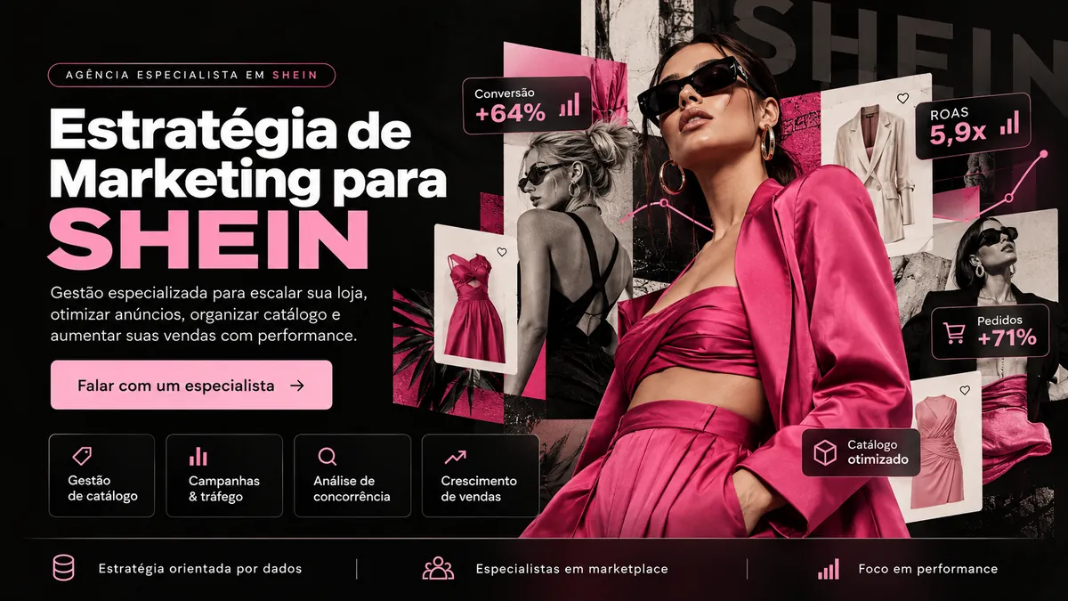 Estratégia de marketing para SHEIN. Arte conceitual com indicadores ilustrativos, sem representar resultados reais.