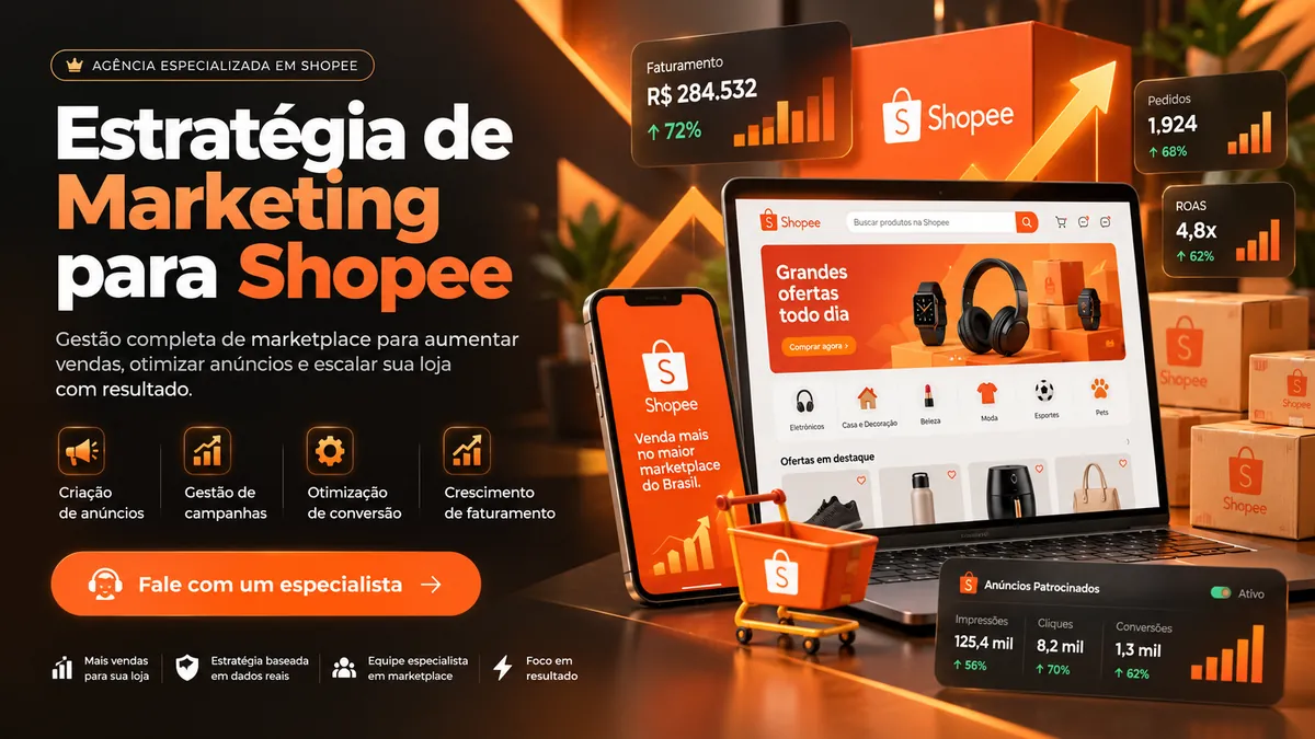 Estratégia de marketing para Shopee. Arte conceitual com indicadores ilustrativos, sem representar resultados reais.