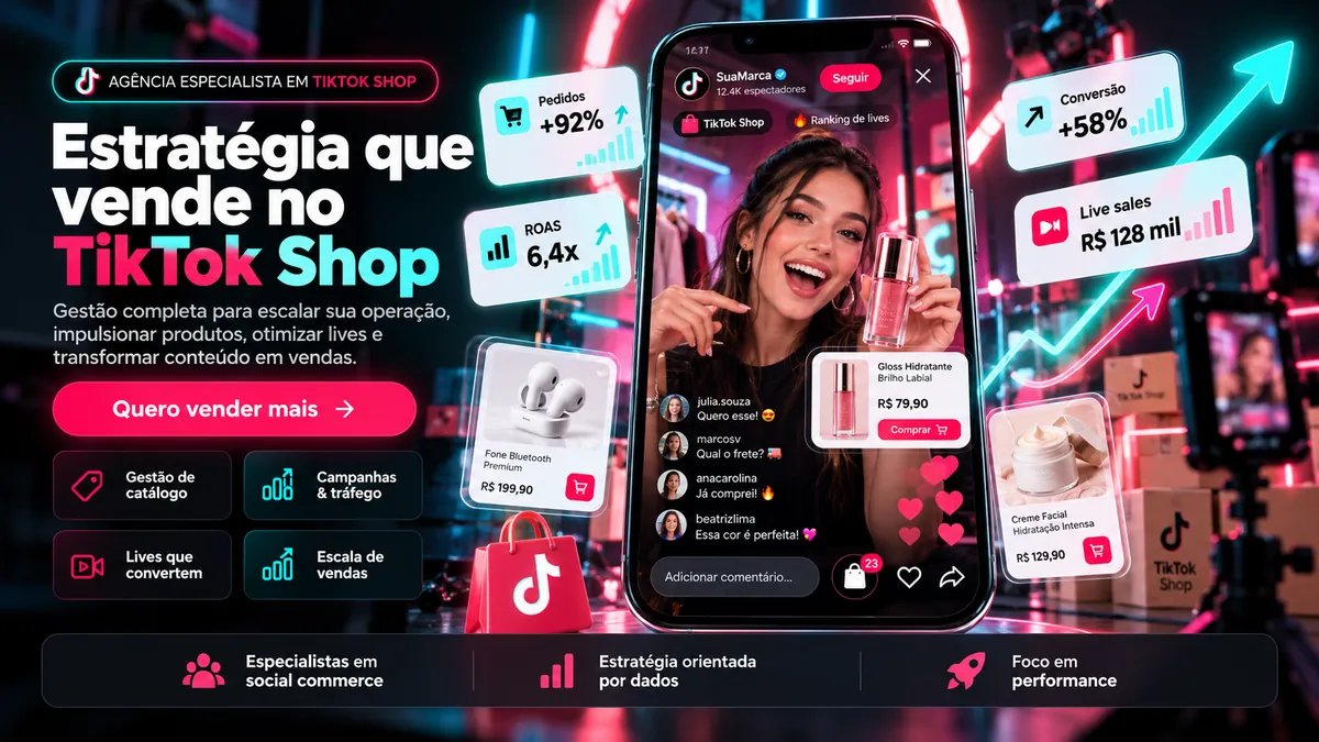 Estratégia de marketing para TikTok Shop. Arte conceitual com indicadores ilustrativos, sem representar resultados reais.