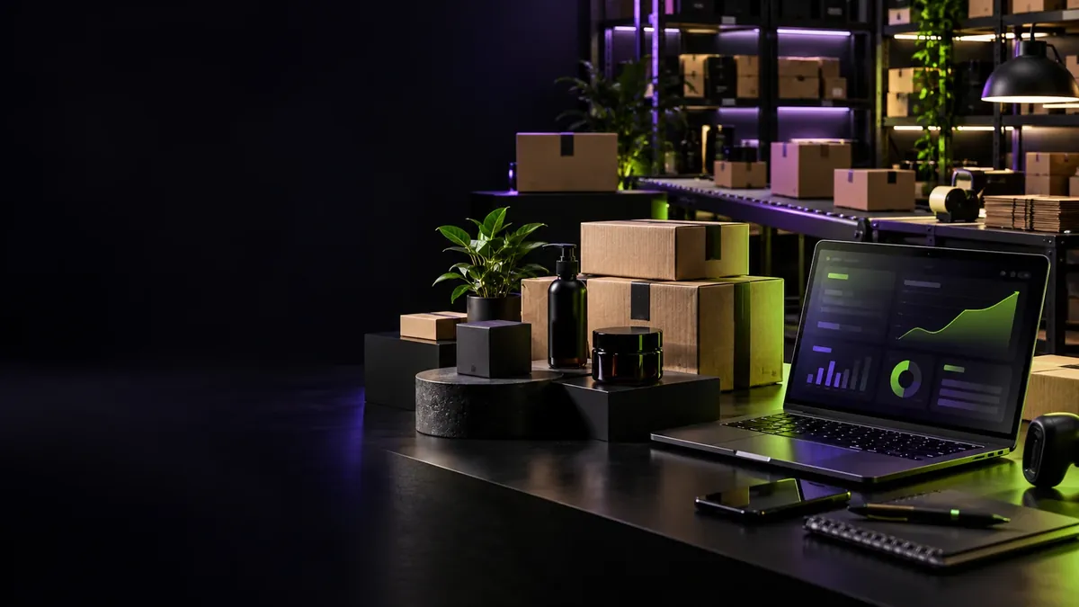 Cena conceitual de operação de e-commerce com embalagens e painel digital