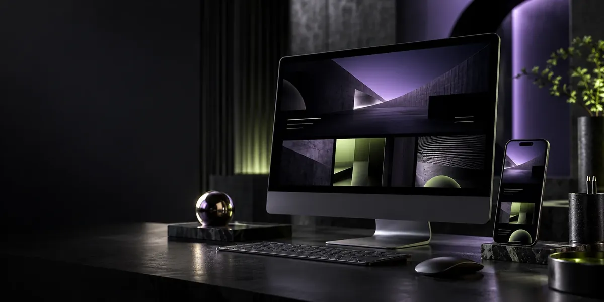 Cena conceitual de criação de sites com versões para computador e celular